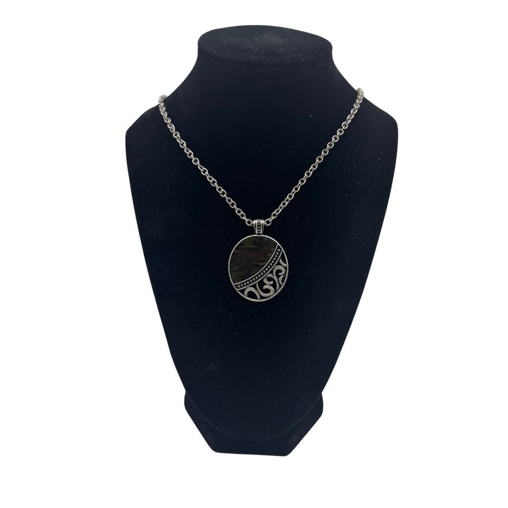 Silver Tone Chain Necklace Abalone Inlay Oval Pendant Artisan Inspired Adjustabl